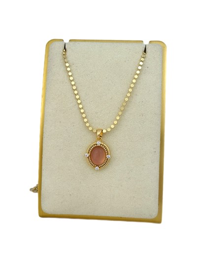 Özel Seri Ezme Zincirde Oval Çerçeve Pembe Yansımalı Taş Detay Kolye ( 52 Cm)