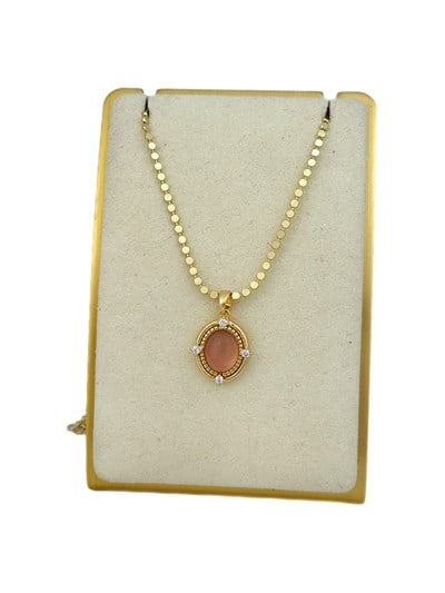 Özel Seri Ezme Zincirde Oval Çerçeve Pembe Yansımalı Taş Detay Kolye ( 52 Cm)