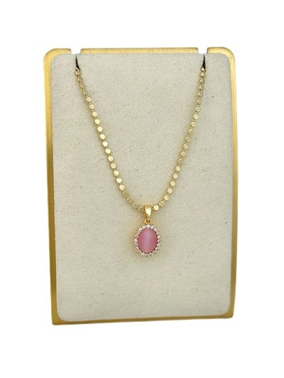 Özel Seri Ezme Zincirde Oval Zirkon Taşlı Çerçeve Pembe Taş Detay Kolye ( 52 Cm)