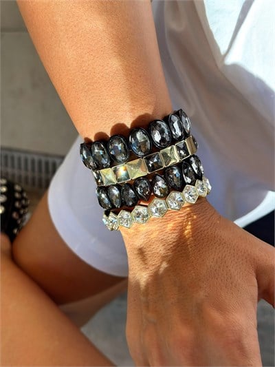 Özel Seri Geçişli Kristal Taşlı Damla Model Lastikli Bileklik Kombini
