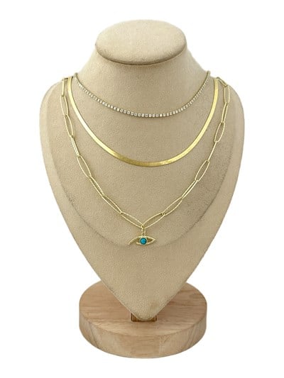 Özel Seri Gold Üçlü Zincir Su Yolu Detay Göz Figür Sallantılı Çoklu Kolye (46 Cm)