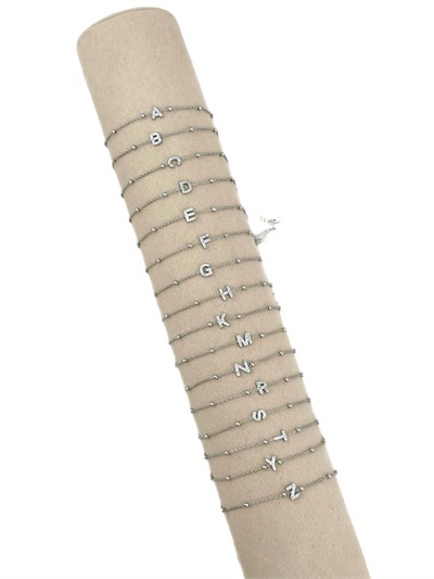 Özel Seri Gümüş Renk Zirkon Taşlı Topçuklu Zincir Harf Bileklik ( 20 Cm )