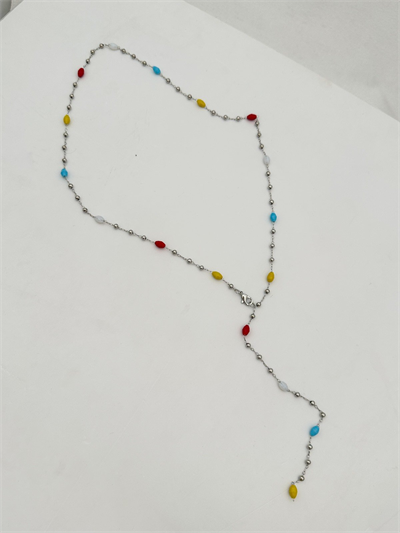 Özel Seri Gümüş Topçuk Detay Oval Renkli Boncuk Sıralı Y Model Dekolte Kolye (66cm)