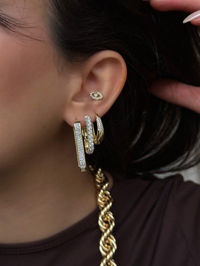 Özel Seri İri Kare Zirkon Taş Sıralı Dikdörtgen Model Küpe Kombini