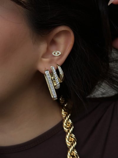 Özel Seri İri Kare Zirkon Taş Sıralı Dikdörtgen Model Küpe Kombini