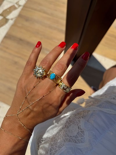 Özel Seri Kafes Model Oval Firuze Taşlı Yüzük Kombini