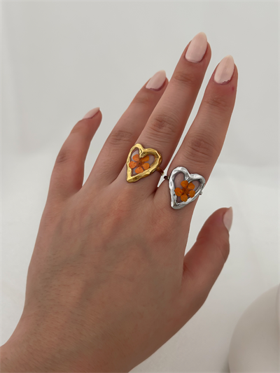 Özel Seri Kalp Model Turuncu Gerçek Çiçek Pleksi Ayarlanabilir Yüzük