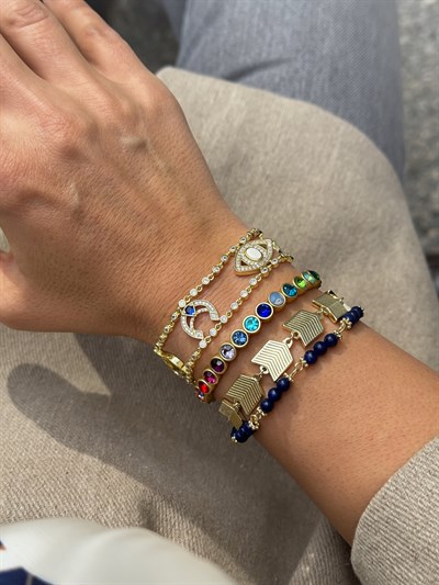 Özel Seri Lacivert Boncuk Detay İşlemeli Gold Plaka İkili Bileklik Kombini