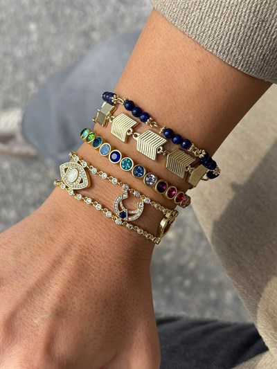 Özel Seri Lacivert Boncuk Detay İşlemeli Gold Plaka İkili Bileklik Kombini