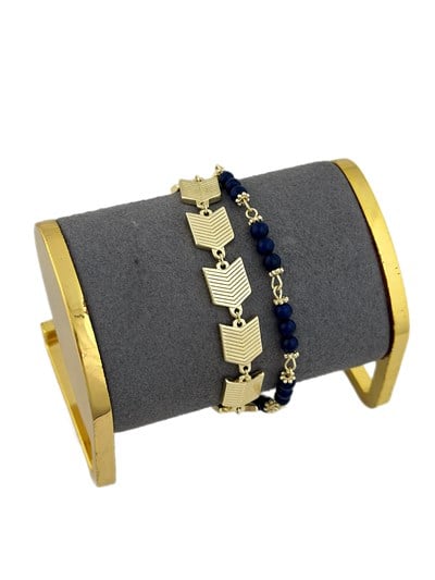 Özel Seri Lacivert Boncuk Detay İşlemeli Gold Plaka İkili Bileklik ( 18 Cm )