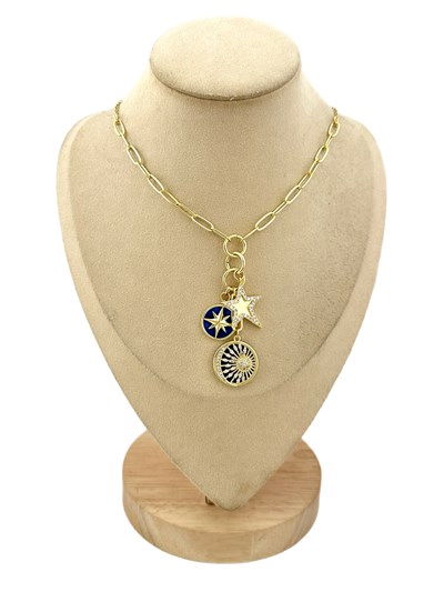 Özel Seri Lacivert Mineli Zirkon Taşlı Ay ve Güneş Figür Tasarım Charm Kolye ( 52 Cm )