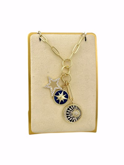 Özel Seri Lacivert Mineli Zirkon Taşlı Ay ve Güneş Figür Tasarım Charm Kolye ( 52 Cm )