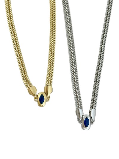 Özel Seri Lacivert Oval Zirkon Taş Detay Hasır Zincir Kolye ( 55 Cm )