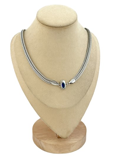 Özel Seri Lacivert Oval Zirkon Taş Detay Hasır Zincir Kolye ( 55 Cm )