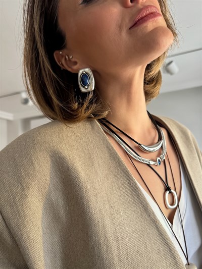 Özel Seri Lacivert Oval Zirkon Taş Detay Hasır Zincir Kolye Kombini