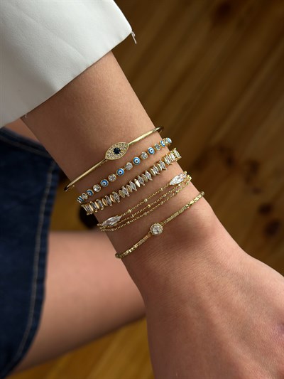 Özel Seri Lacivert Taş Detay Göz Figür Kelepçe Bileklik Kombini