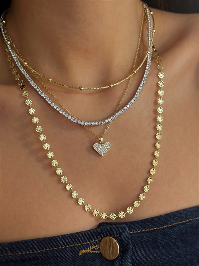 Özel Seri Lazer Kesim İşlemeli ve Topçuk Detay Tel Choker Kolye Kombini