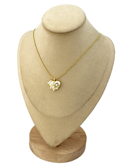 Özel Seri Mini İnci Detay Bombeli Kalp Plaka Kolye (50 Cm)