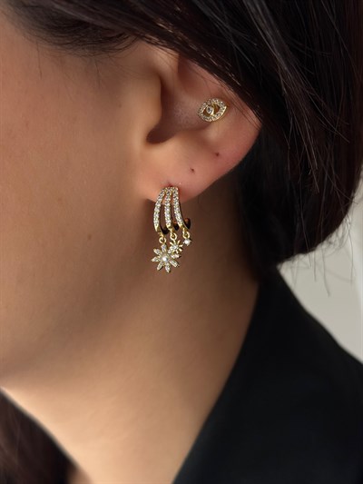 Özel Seri Mini Top İnci Detay Çiçek Figür Sallantılı Zirkon Taşlı Üçlü Görünüm Kıvrımlı Küpe