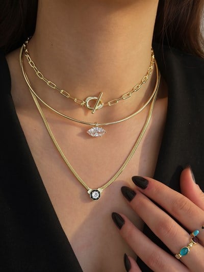 Özel Seri Oval Taş Detay Tel Choker Kolye Kombini
