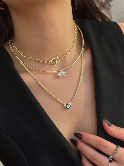 Özel Seri Oval Taş Detay Tel Choker Kolye Kombini