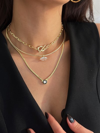 Özel Seri Oval Taş Detay Tel Choker Kolye Kombini