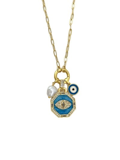 Özel Seri Renkli Mine Üzeri Zirkon Taşlı Göz Figür Tasarım Charm Kolye ( 48 Cm )