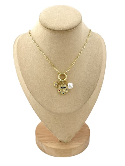 Özel Seri Renkli Zirkon Taşlı Göz Figür Çoklu Charm Kolye ( 48 Cm )