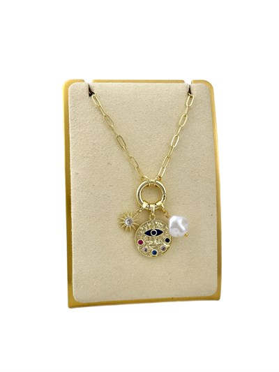Özel Seri Renkli Zirkon Taşlı Göz Figür Çoklu Charm Kolye ( 48 Cm )