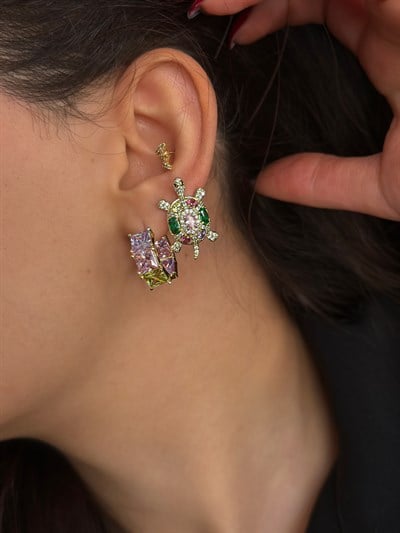 Özel Seri Renkli Zirkon Taşlı Tasarım Kaplumbağa Küpe Kombini