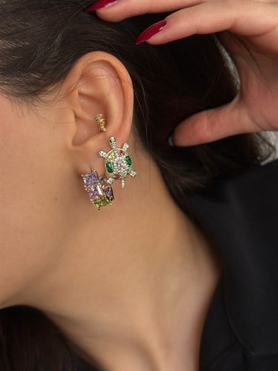 Özel Seri Renkli Zirkon Taşlı Tasarım Kaplumbağa Küpe Kombini