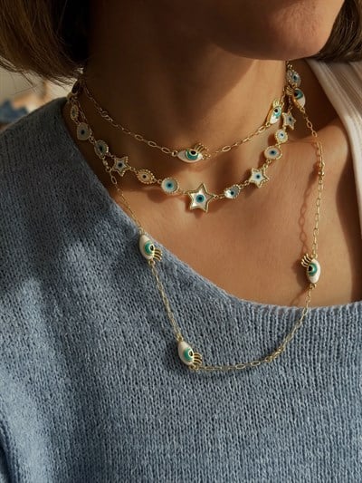 Özel Seri Sedef Taş Üzeri Nazar Detay Çoklu Figür Kolye Kombini