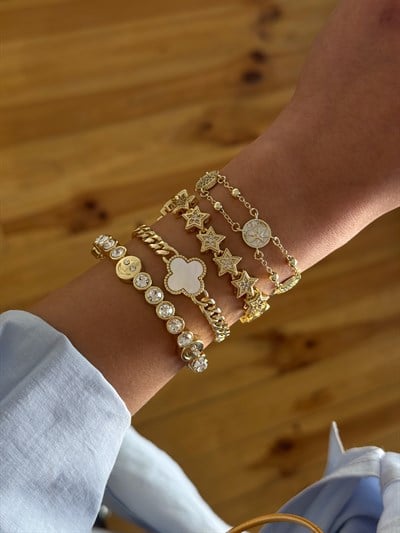 Özel Seri Sedef Taşlı Yonca Figür Zincir Bileklik Kombini