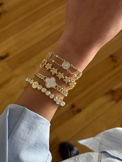 Özel Seri Sedef Taşlı Yonca Figür Zincir Bileklik Kombini