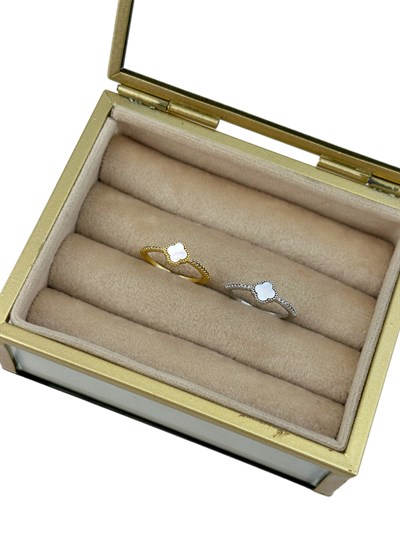 Özel Seri Sedefli Yonca Figür Zirkon Taş Detay Ayarlanabilir Yüzük