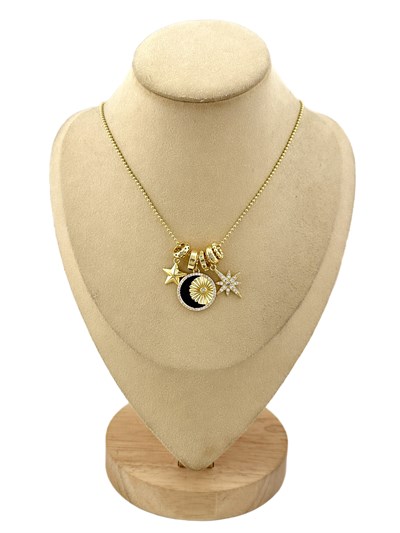 Özel Seri Siyah Mineli Zirkon Taşlı Ay ve Güneş Figür Tasarım Charm Kolye ( 47 Cm )