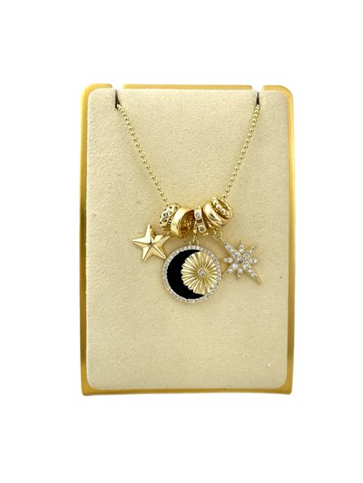 Özel Seri Siyah Mineli Zirkon Taşlı Ay ve Güneş Figür Tasarım Charm Kolye ( 47 Cm )