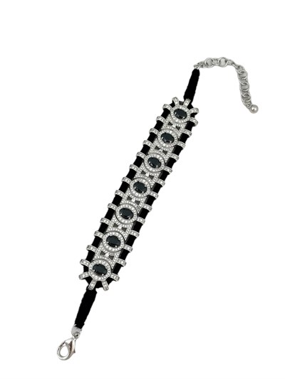 Özel Seri Siyah Örme İpli Siyah Oval ve Zirkon Taşlı Tasarım Bileklik ( 22 Cm )