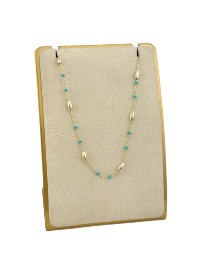 Özel Seri Turkuaz ve Oval Gold Plaka Topçuk Detay Zincir Kolye ( 57 Cm