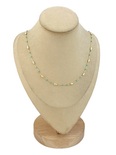 Özel Seri Turkuaz ve Oval Gold Plaka Topçuk Detay Zincir Kolye ( 57 Cm