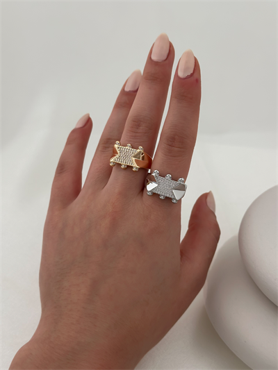 Özel Seri Zikzak Plaka Üzeri Zirkon Taş Detay Topçuk Kenar Ayarlanabilir Yüzük