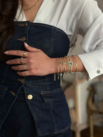 Özel Seri Zirkon Damla Taş Detay Yeşil Taşlı Kelepçe Bileklik Kombini