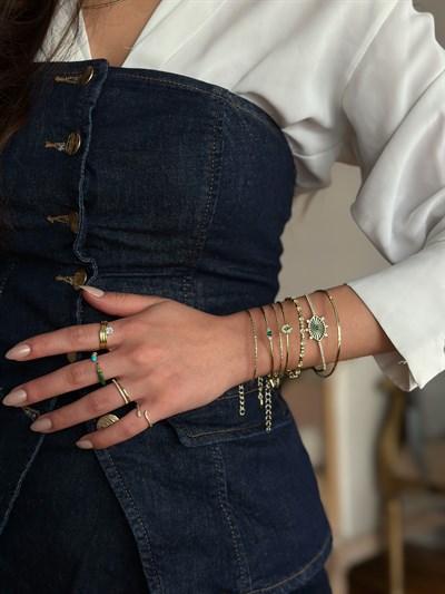 Özel Seri Zirkon Damla Taş Detay Yeşil Taşlı Kelepçe Bileklik Kombini