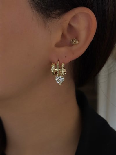 Özel Seri Zirkon Taş Kalp Figür Sallantılı Üçlü Görünüm Plaka Kıvrımlı Küpe