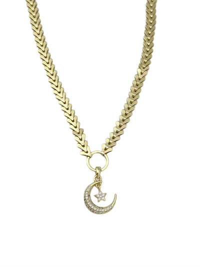 Özel Seri Zirkon Taşlı Ay Yıldız Uç Sallantılı Balık Sırtı Zincir Kolye (45 Cm)
