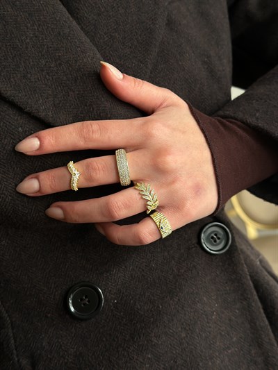 Özel Seri Zirkon Taşlı Başak Model Ayarlanabilir Yüzük Kombini