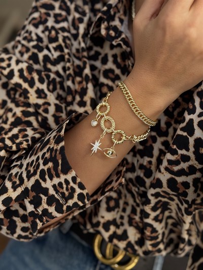 Özel Seri Zirkon Taşlı Çoklu Figür Sallantılı Tasarım Dolamalı Zincir Bileklik ( 39 Cm )