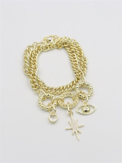 Özel Seri Zirkon Taşlı Çoklu Figür Sallantılı Tasarım Dolamalı Zincir Bileklik ( 39 Cm )