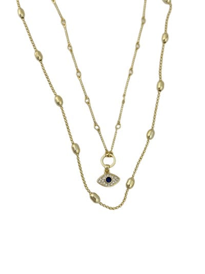 Özel Seri Zirkon Taşlı Göz Figür Detay İkili Topçuk Zincir Kolye ( 49 Cm )