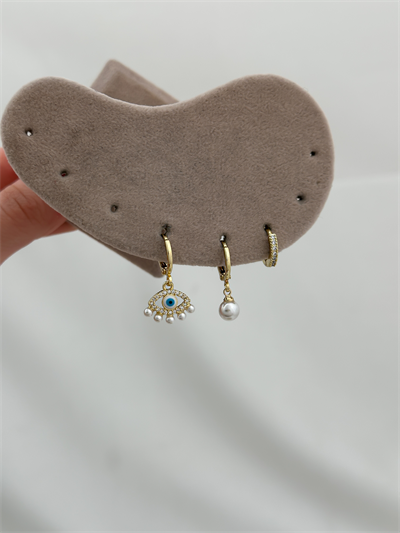 Özel Seri Zirkon Taşlı İncili Göz Figür Üçlü Set Küpe